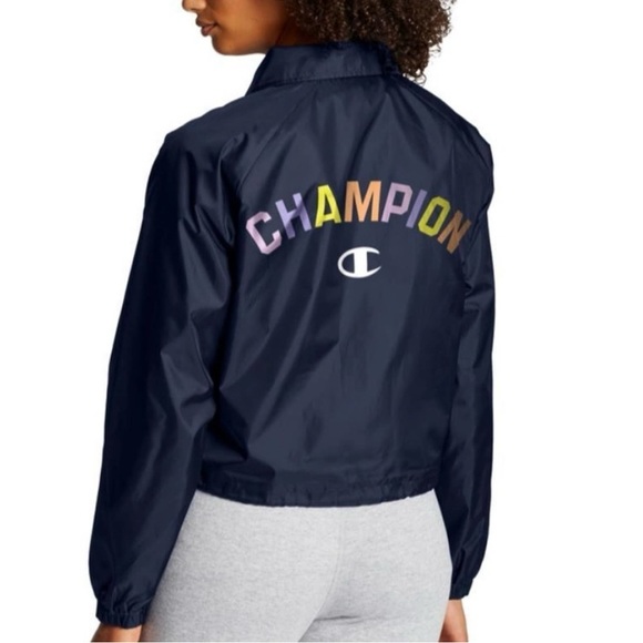 Champion Jackets & Blazers - Champion Navy Blue Button Up Coaches Cropped Jacket Multi Logo